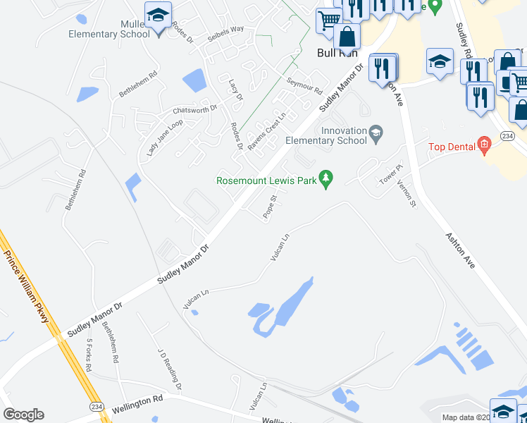 map of restaurants, bars, coffee shops, grocery stores, and more near 10926 Pope Street in Manassas