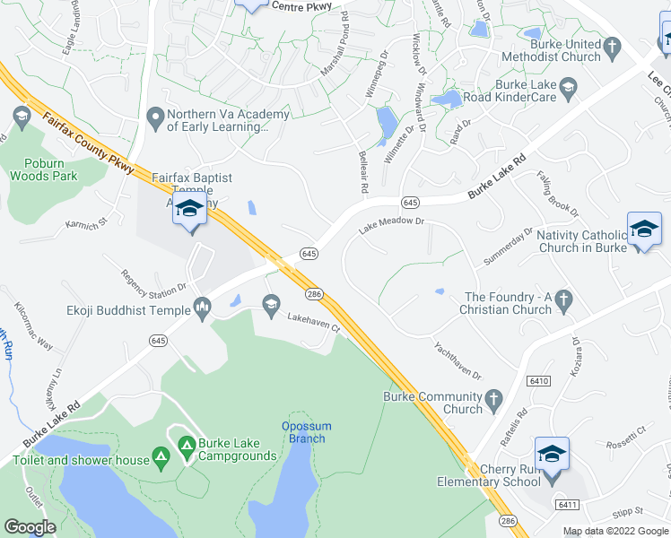 map of restaurants, bars, coffee shops, grocery stores, and more near 6452 Lake Meadow Drive in Burke