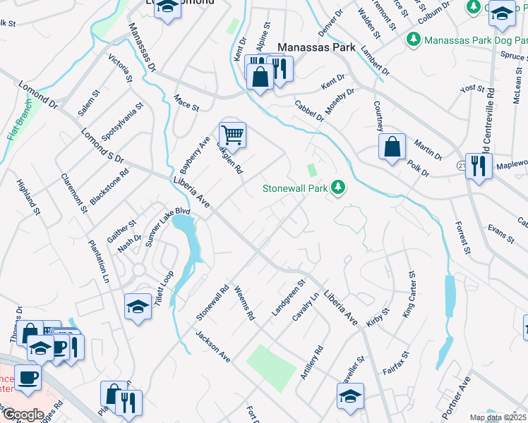 map of restaurants, bars, coffee shops, grocery stores, and more near 8381 Shady Grove Circle in Manassas