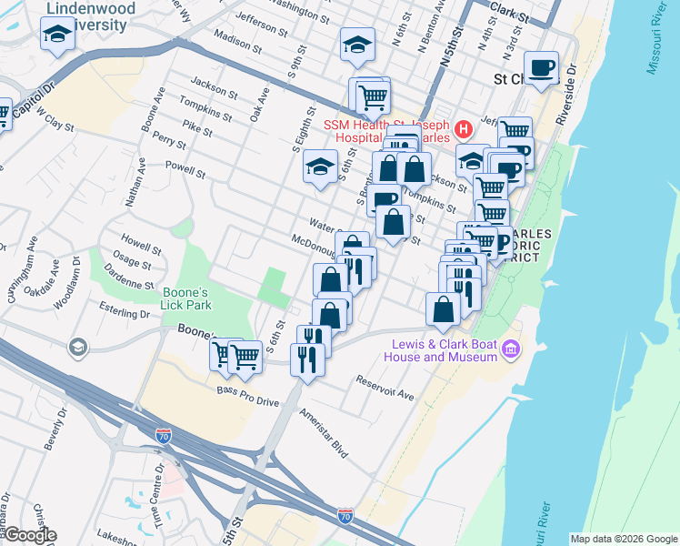 map of restaurants, bars, coffee shops, grocery stores, and more near 523 McDonough Street in Saint Charles