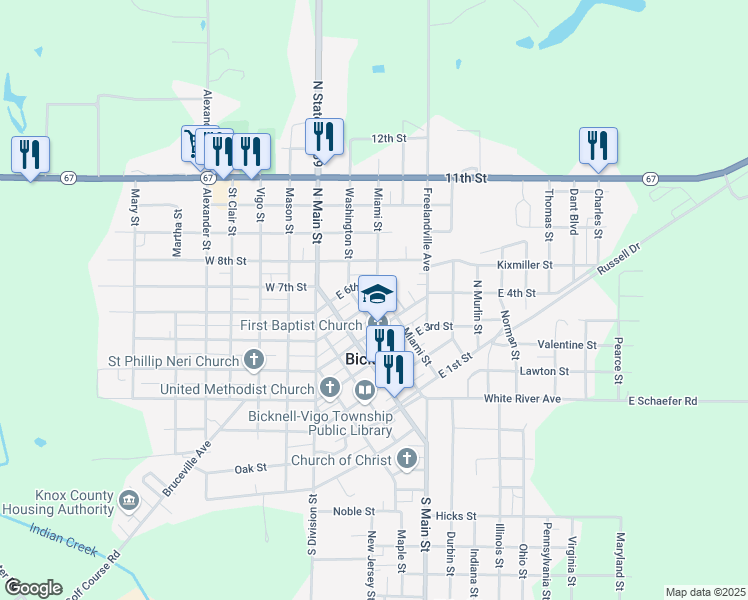 map of restaurants, bars, coffee shops, grocery stores, and more near 215 East 4th Street in Bicknell