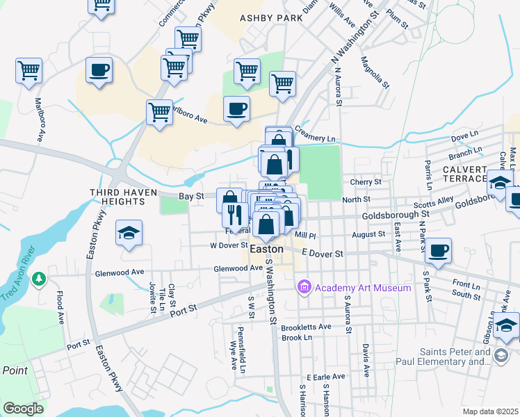 map of restaurants, bars, coffee shops, grocery stores, and more near 133 North Washington Street in Easton