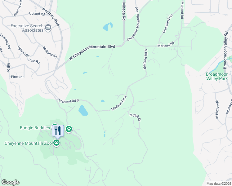 map of restaurants, bars, coffee shops, grocery stores, and more near 104 Marland Road South in Colorado Springs