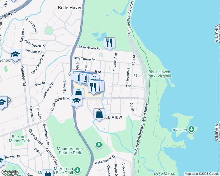 map of restaurants, bars, coffee shops, grocery stores, and more near 6502 Potomac Avenue in Alexandria