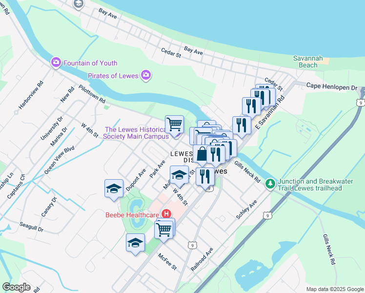 map of restaurants, bars, coffee shops, grocery stores, and more near 240 2nd Street in Lewes