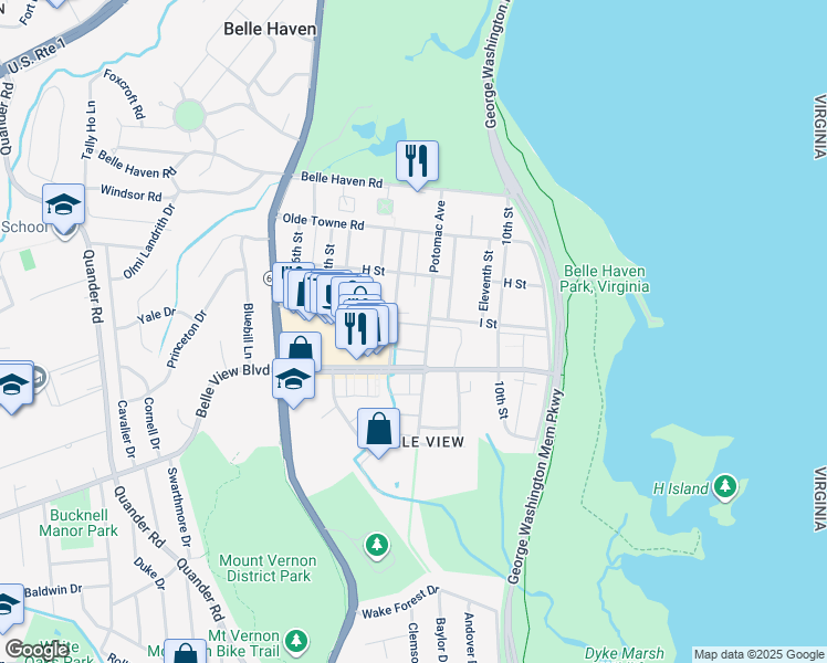 map of restaurants, bars, coffee shops, grocery stores, and more near 6504 Potomac Avenue in Alexandria