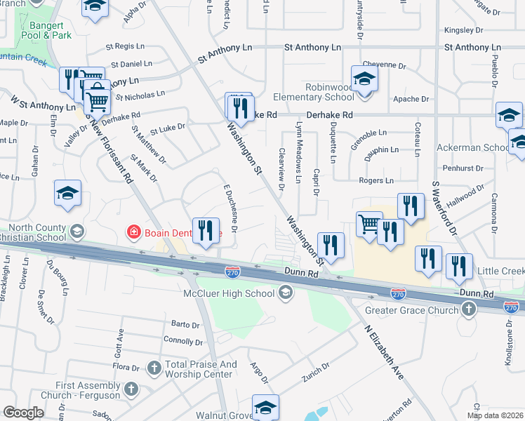 map of restaurants, bars, coffee shops, grocery stores, and more near 9 Saint James Court in Florissant