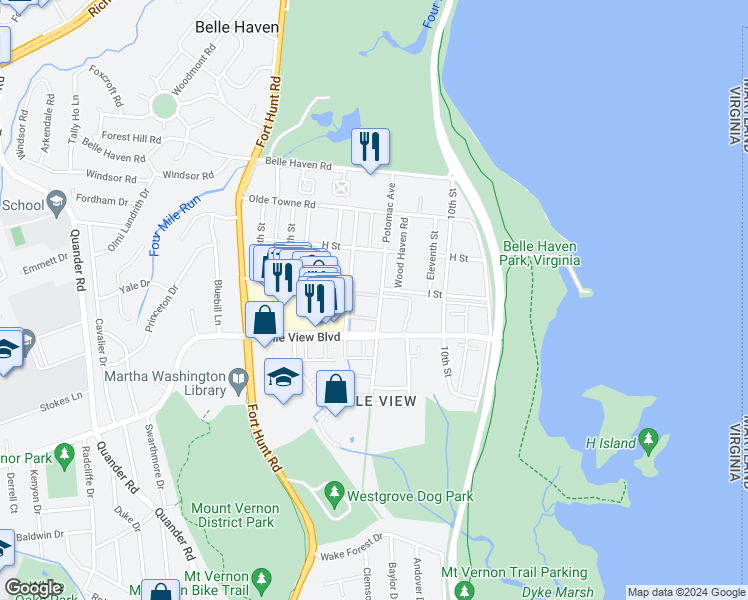 map of restaurants, bars, coffee shops, grocery stores, and more near 6500 Potomac Avenue in Alexandria