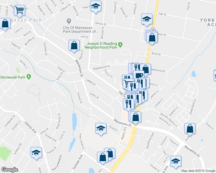 map of restaurants, bars, coffee shops, grocery stores, and more near 135 Old Centreville Road in Manassas Park