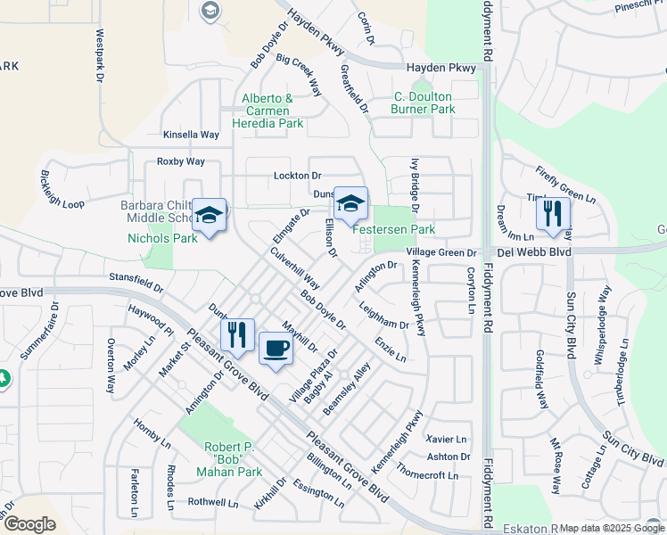map of restaurants, bars, coffee shops, grocery stores, and more near 2032 Padside Drive in Roseville