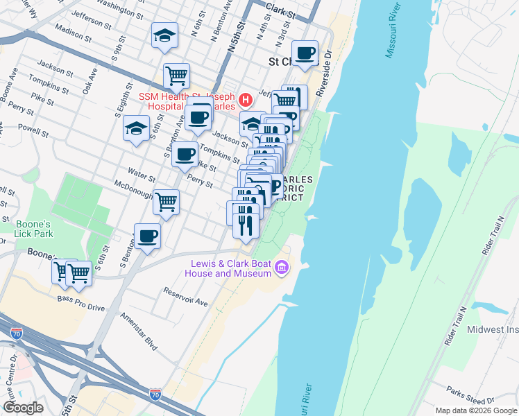 map of restaurants, bars, coffee shops, grocery stores, and more near 700 South Main Street in Saint Charles