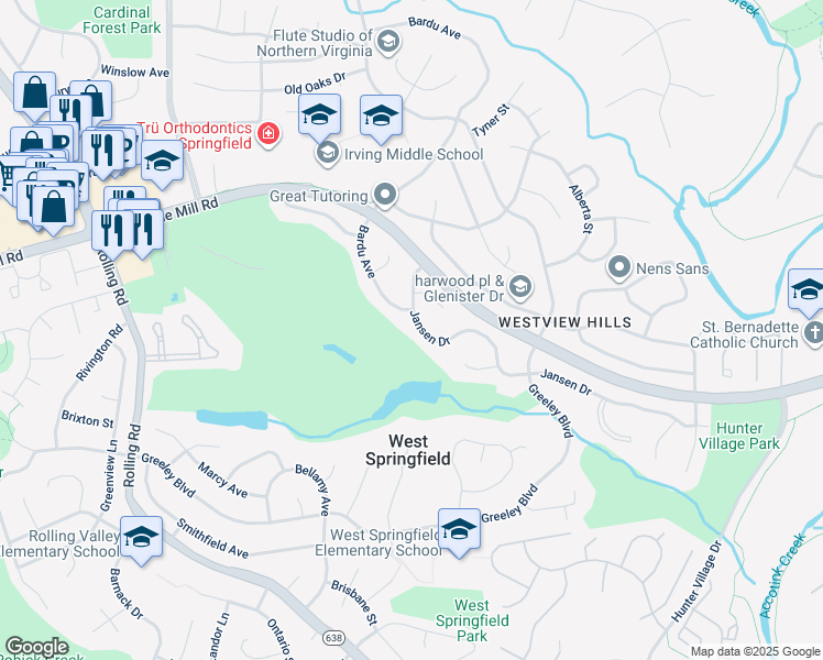 map of restaurants, bars, coffee shops, grocery stores, and more near 7941 Jansen Drive in West Springfield