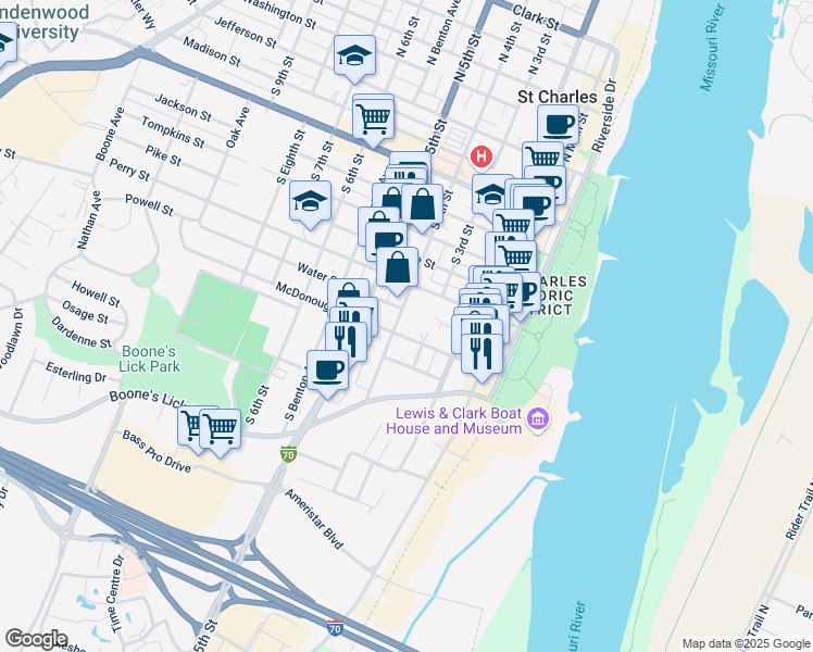 map of restaurants, bars, coffee shops, grocery stores, and more near 806 South 4th Street in Saint Charles