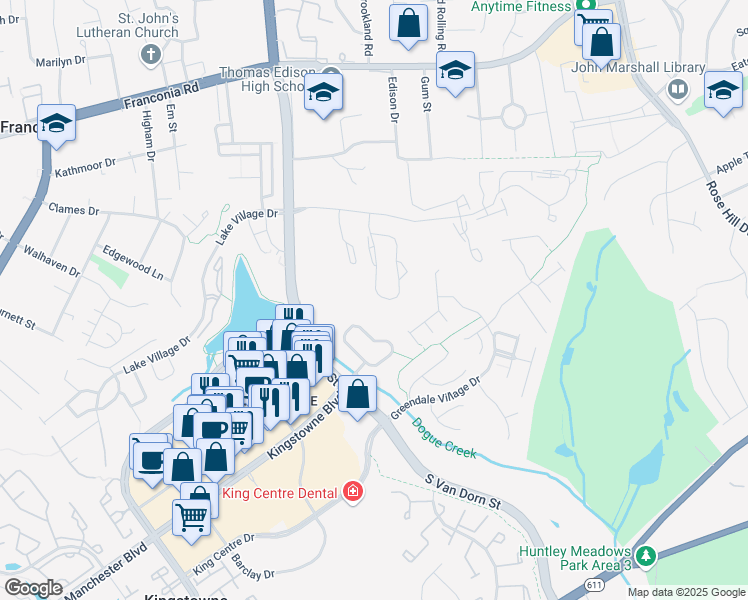 map of restaurants, bars, coffee shops, grocery stores, and more near 6570 Kelsey Point Circle in Alexandria