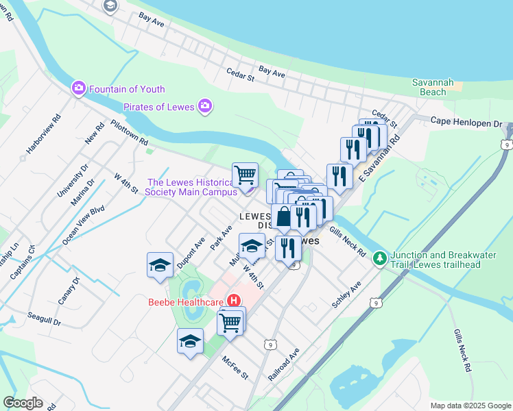 map of restaurants, bars, coffee shops, grocery stores, and more near 240 2nd Street in Lewes