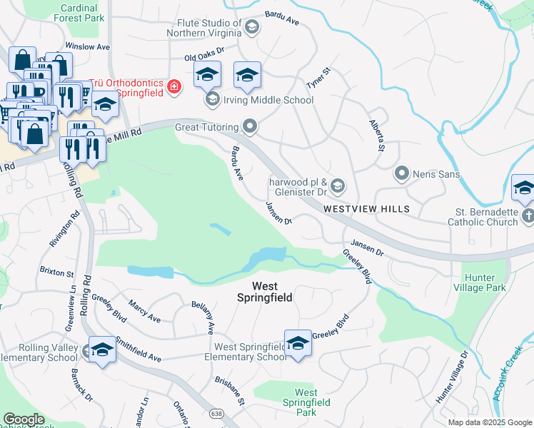map of restaurants, bars, coffee shops, grocery stores, and more near 7941 Jansen Drive in West Springfield
