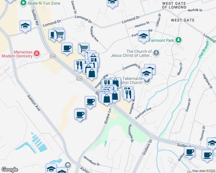 map of restaurants, bars, coffee shops, grocery stores, and more near 8313 Sudley Road in Manassas