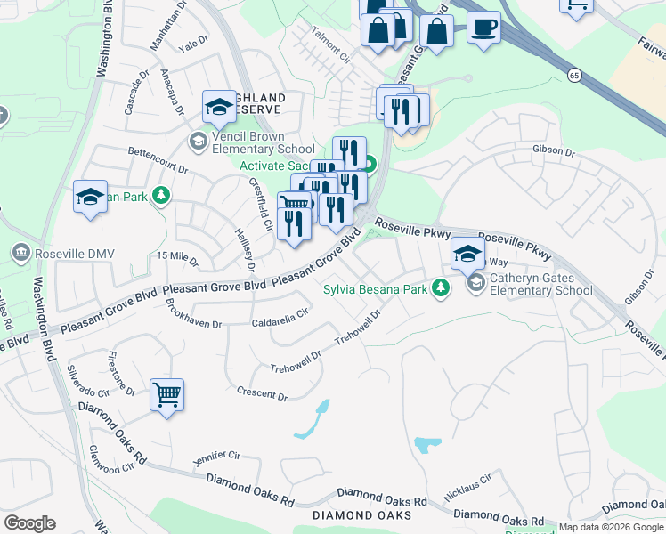 map of restaurants, bars, coffee shops, grocery stores, and more near 568 Sutherland Ranch Lane in Roseville