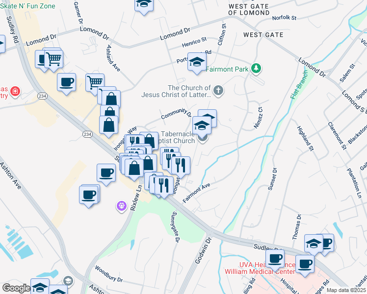 map of restaurants, bars, coffee shops, grocery stores, and more near 8293 Community Drive in Manassas