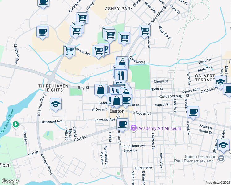 map of restaurants, bars, coffee shops, grocery stores, and more near 133 North Washington Street in Easton