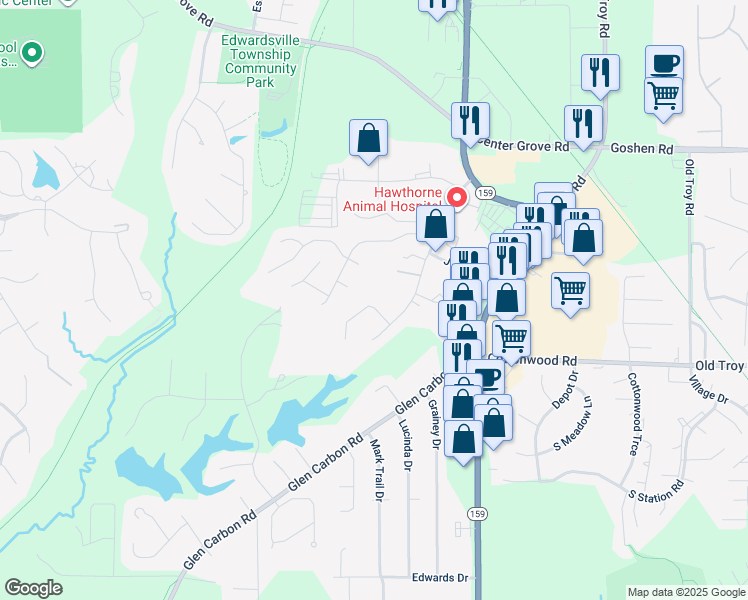 map of restaurants, bars, coffee shops, grocery stores, and more near 33 Fox Meadow Lane in Glen Carbon