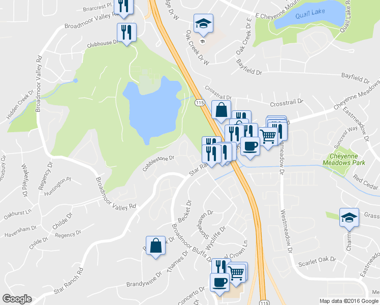 map of restaurants, bars, coffee shops, grocery stores, and more near 378 Cobblestone Drive in Colorado Springs