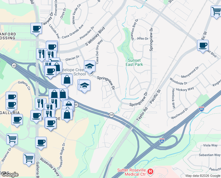 map of restaurants, bars, coffee shops, grocery stores, and more near 2518 Tule Lane in Rocklin
