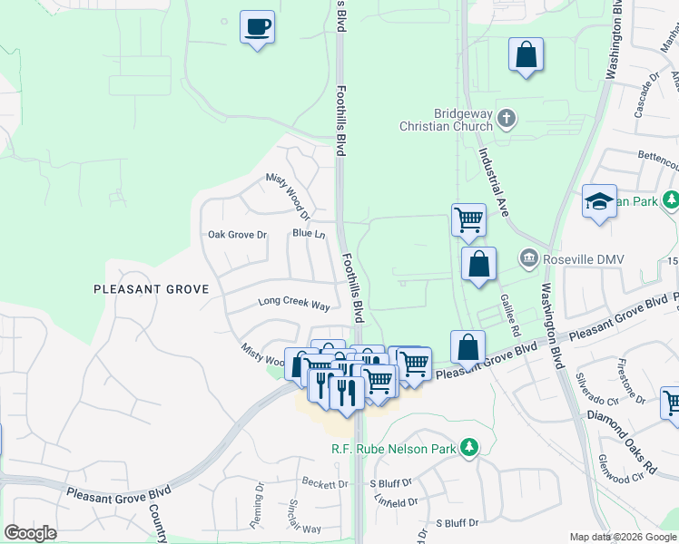 map of restaurants, bars, coffee shops, grocery stores, and more near 1506 Blue Lane in Roseville