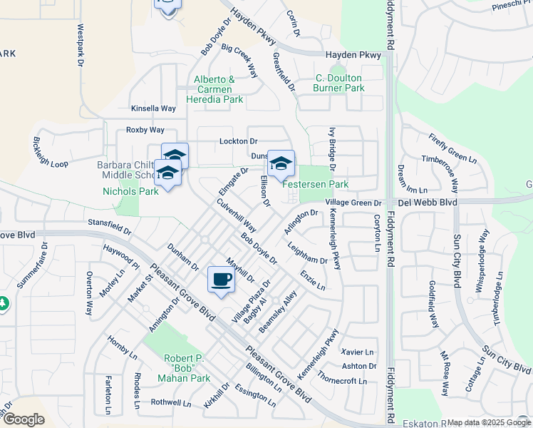 map of restaurants, bars, coffee shops, grocery stores, and more near 2032 Padside Drive in Roseville