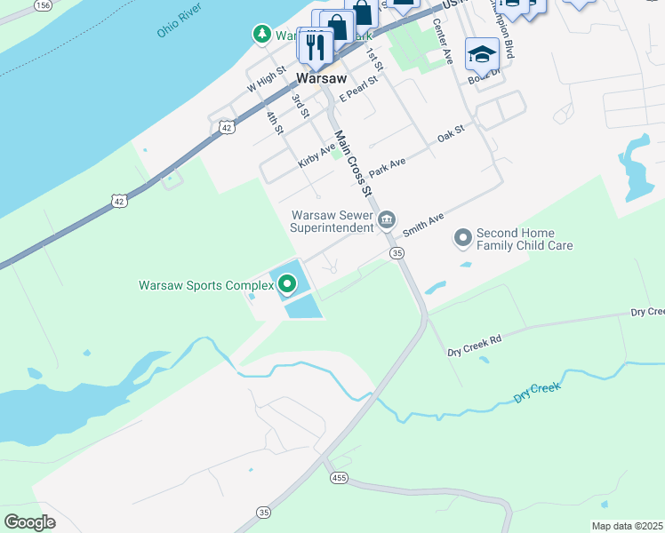 map of restaurants, bars, coffee shops, grocery stores, and more near 1216 Meadowcreek Lane in Warsaw