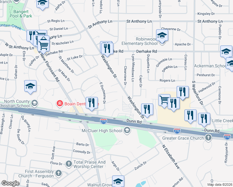 map of restaurants, bars, coffee shops, grocery stores, and more near 9 Saint James Court in Florissant