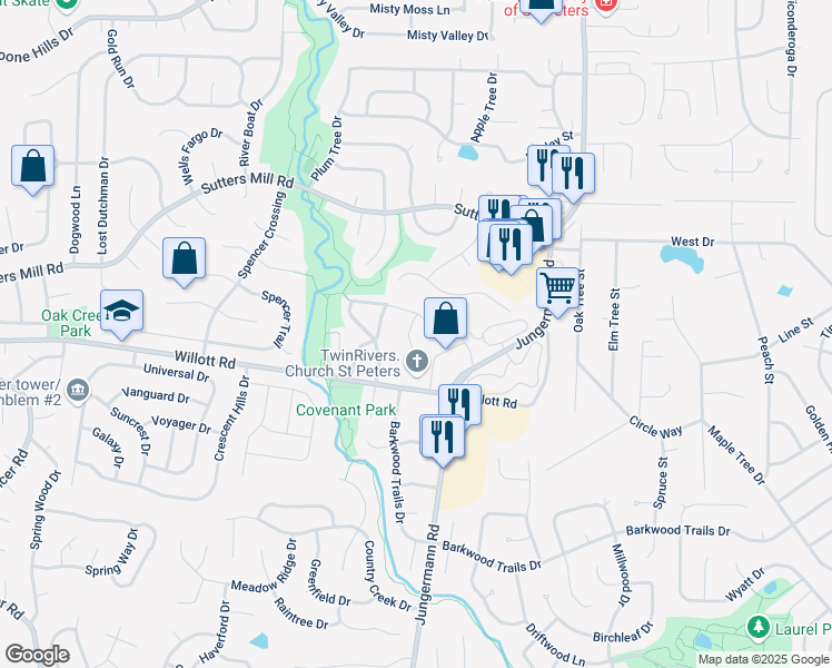 map of restaurants, bars, coffee shops, grocery stores, and more near 762 Highland Hill Court in St. Peters