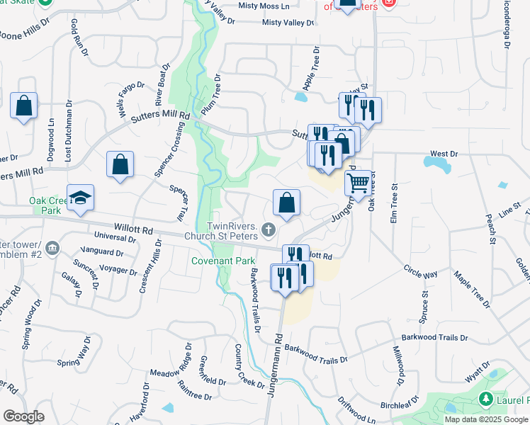 map of restaurants, bars, coffee shops, grocery stores, and more near 762 Highland Hill Court in St. Peters