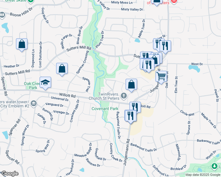 map of restaurants, bars, coffee shops, grocery stores, and more near 779 Delray Drive in St. Peters