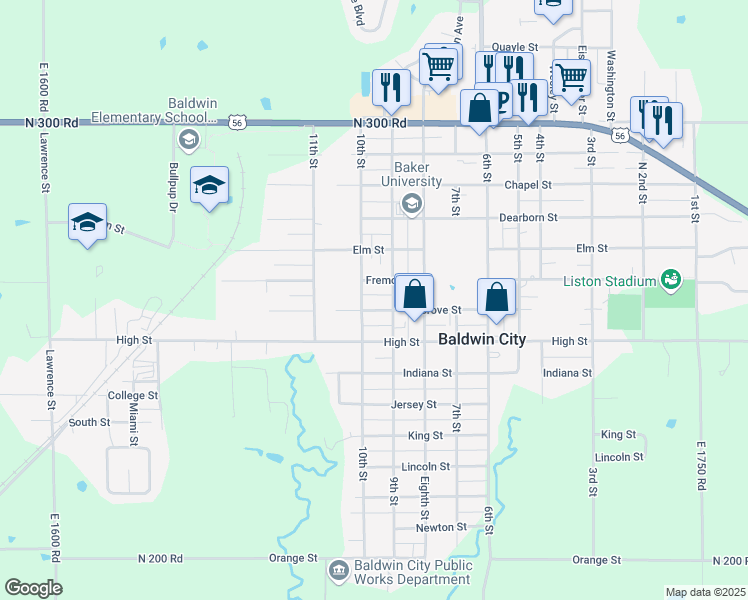 map of restaurants, bars, coffee shops, grocery stores, and more near 610 10th Street in Baldwin City