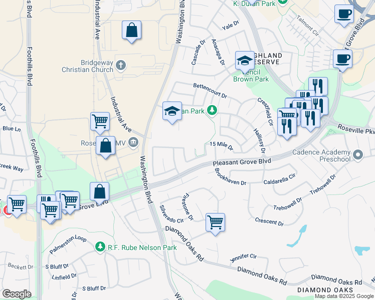 map of restaurants, bars, coffee shops, grocery stores, and more near 525 Farmington Circle in Roseville