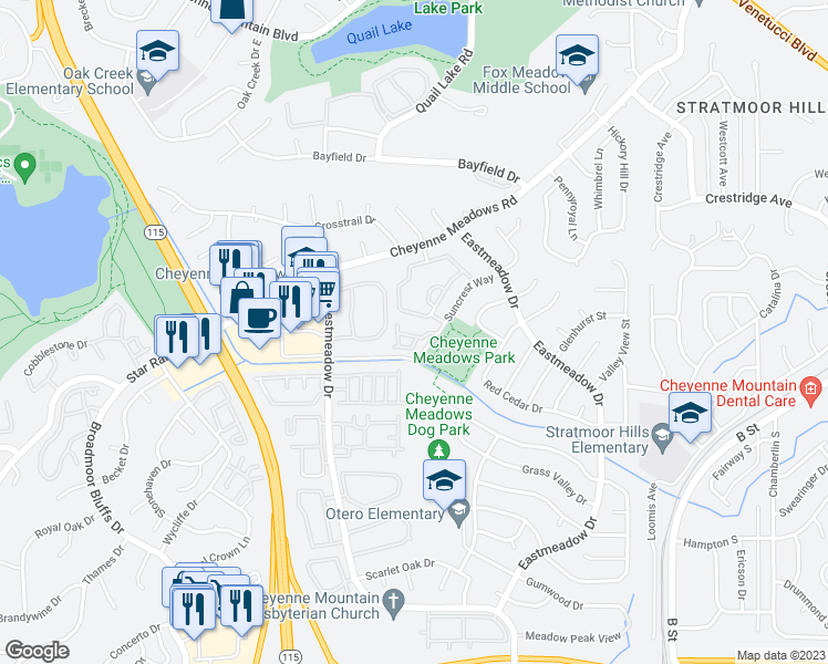 map of restaurants, bars, coffee shops, grocery stores, and more near 1050 Cheyenne Villas Point in Colorado Springs