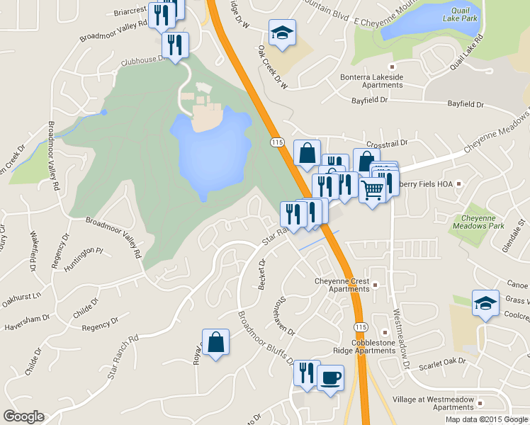map of restaurants, bars, coffee shops, grocery stores, and more near 378 Cobblestone Drive in Colorado Springs