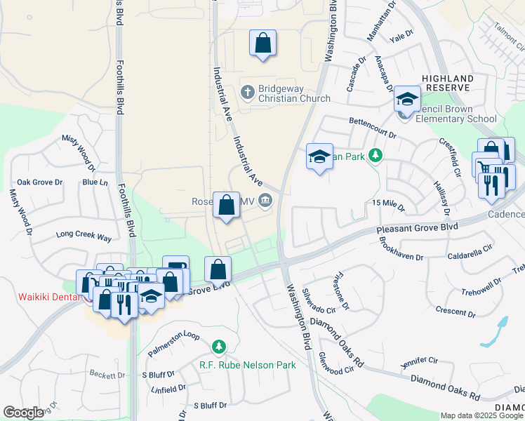 map of restaurants, bars, coffee shops, grocery stores, and more near 7200 Galilee Road in Roseville