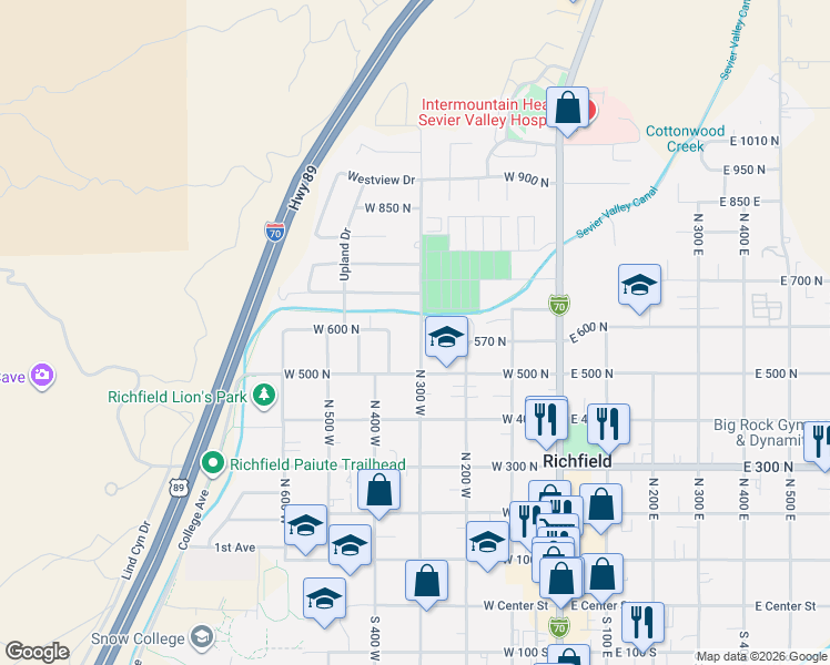map of restaurants, bars, coffee shops, grocery stores, and more near 597 North 300 West in Richfield