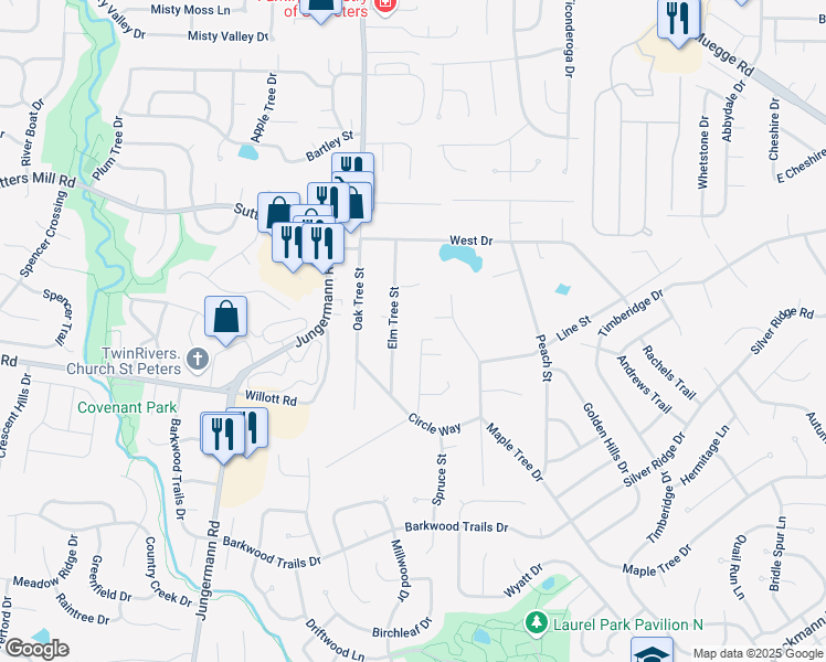map of restaurants, bars, coffee shops, grocery stores, and more near 56 Circle Way in St. Peters