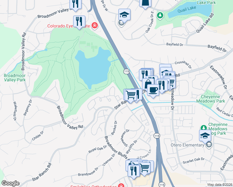 map of restaurants, bars, coffee shops, grocery stores, and more near 378 Cobblestone Drive in Colorado Springs