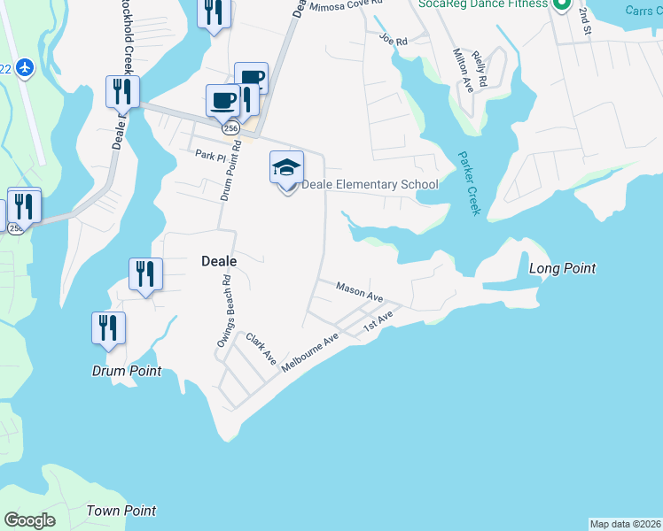 map of restaurants, bars, coffee shops, grocery stores, and more near 792 Masons Beach Road in Deale