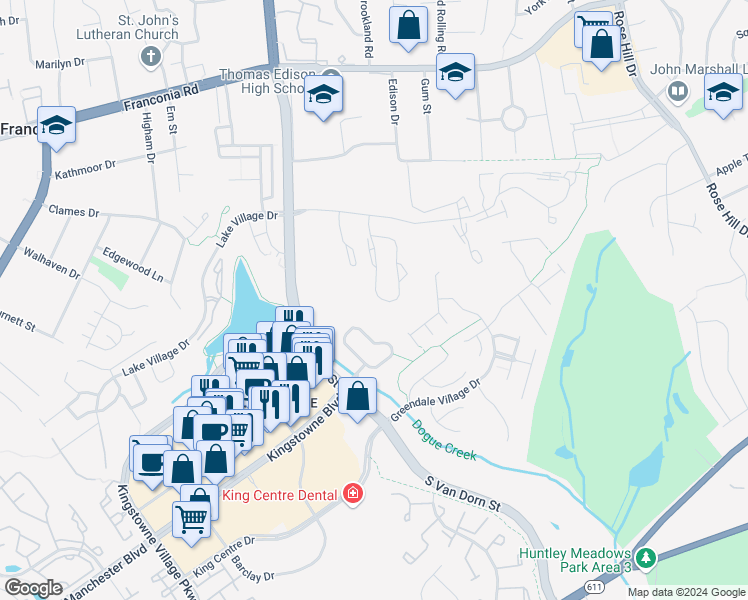 map of restaurants, bars, coffee shops, grocery stores, and more near 6568 Kelsey Point Circle in Alexandria