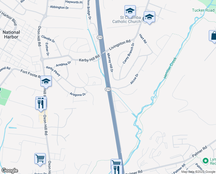 map of restaurants, bars, coffee shops, grocery stores, and more near 8345 Indian Head Highway in Fort Washington