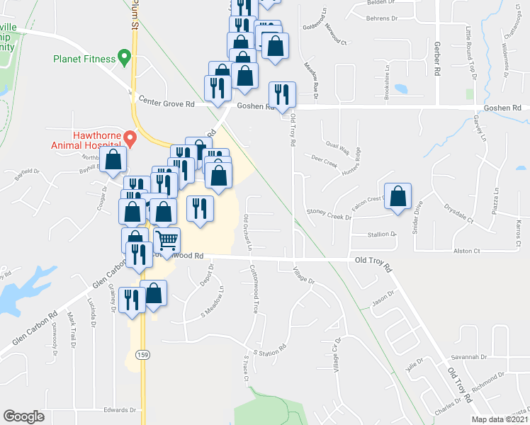 map of restaurants, bars, coffee shops, grocery stores, and more near 6 Crabapple Lane in Glen Carbon