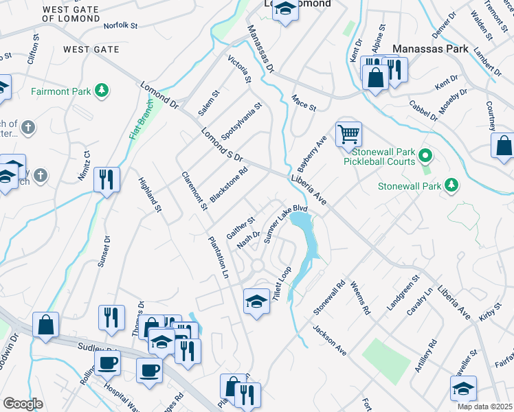 map of restaurants, bars, coffee shops, grocery stores, and more near 8333 Gaither Street in Manassas