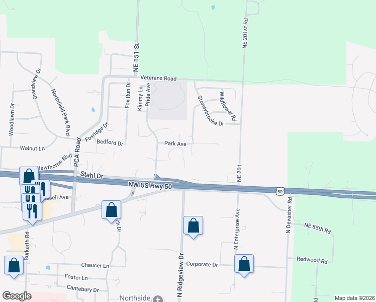 map of restaurants, bars, coffee shops, grocery stores, and more near 1196 Pebblecreek Drive in Warrensburg