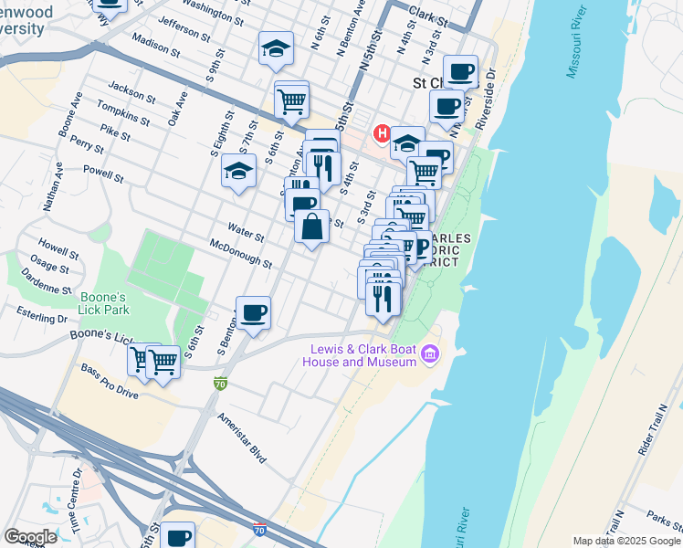 map of restaurants, bars, coffee shops, grocery stores, and more near 300 Water Street in Saint Charles