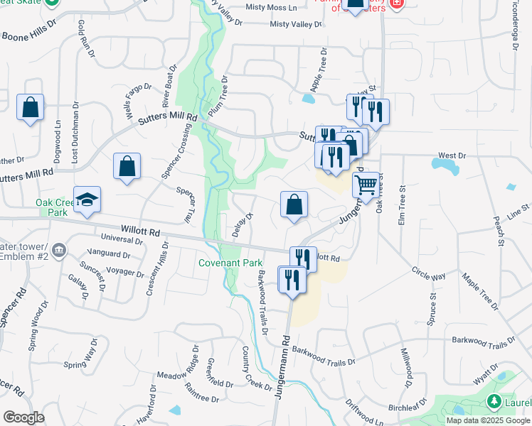 map of restaurants, bars, coffee shops, grocery stores, and more near 775 Highland Hill Court in St. Peters